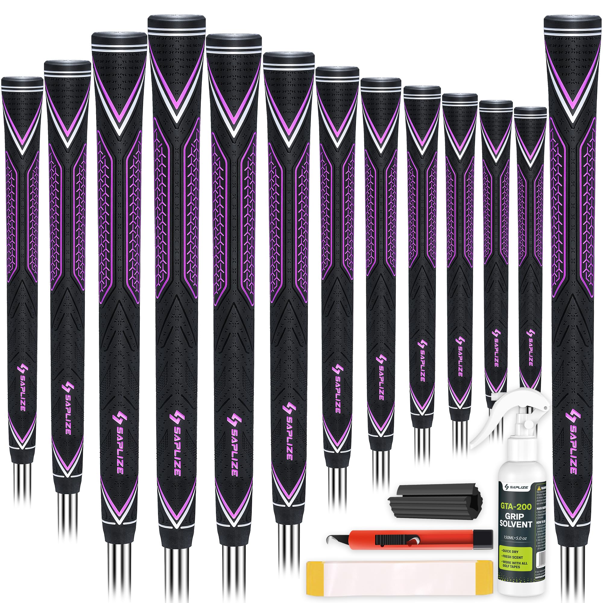 SAPLIZE High-Performance Rubber Golf Grips, High Shock Absorption, Non-Slip, 13 Grips with All Kits, Midsize, Purple, CC10 Golf Club Grips