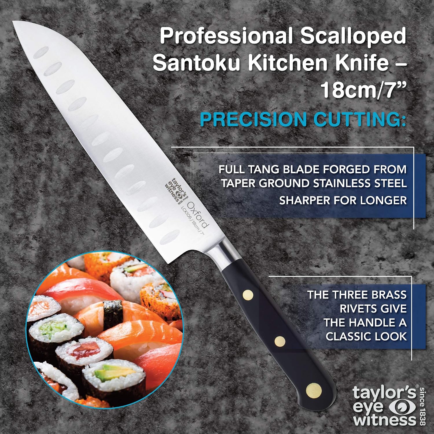 Taylors Eye Witness Oxford Professional Scalloped Santoku Knife, 17cm/7” Full Tang Blade - Image 5