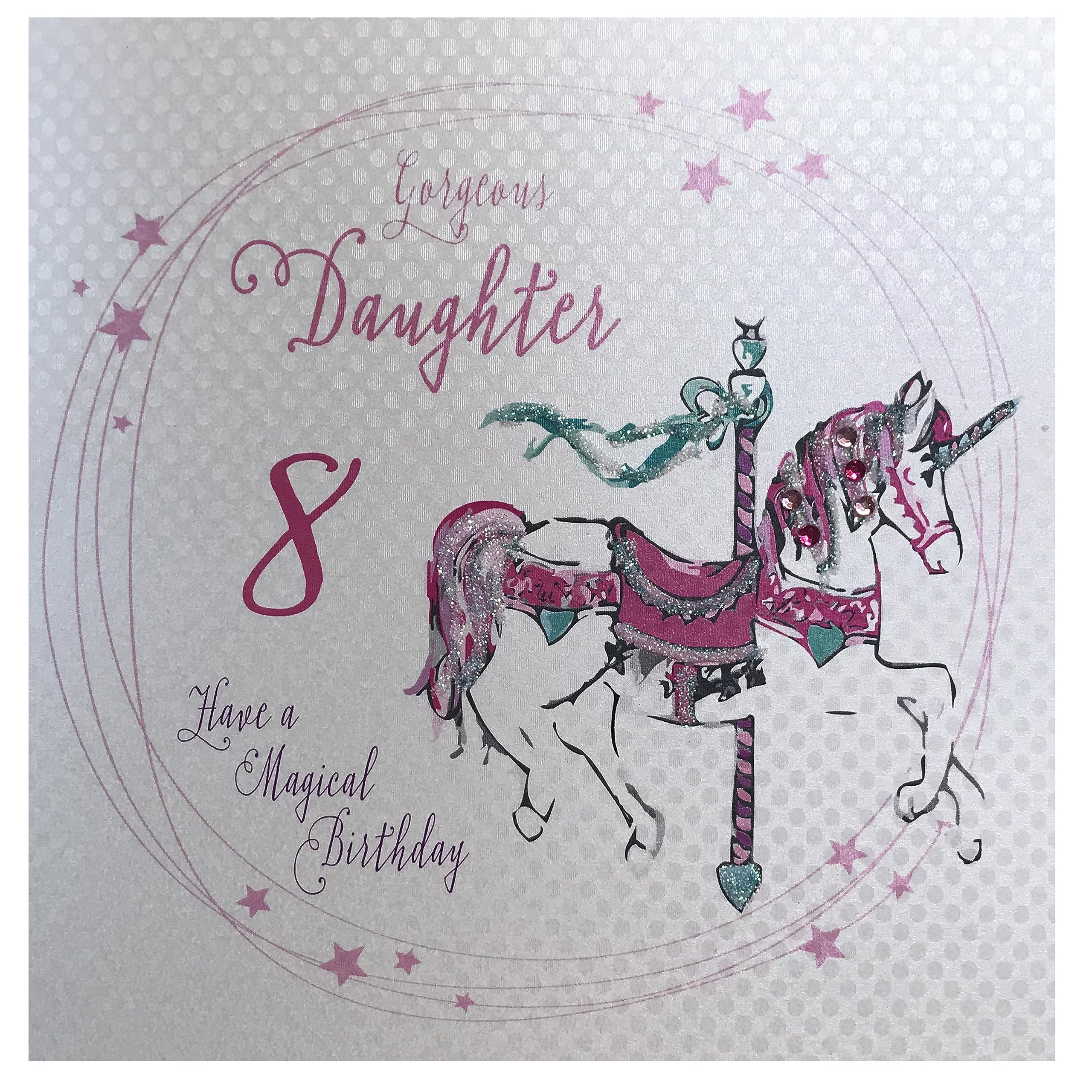 white cotton cards "Pink Carousel, To A Gorgeous Daughter Age 8 Have A magical Birthday Handmade 8th Birthday Card, White, GL212-8