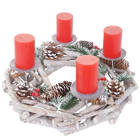 Mendler Adventskranz Rund Weihnachtsdeko Tischkranz Holz ø 35cm Weiß Grau Mit Kerzen Rot