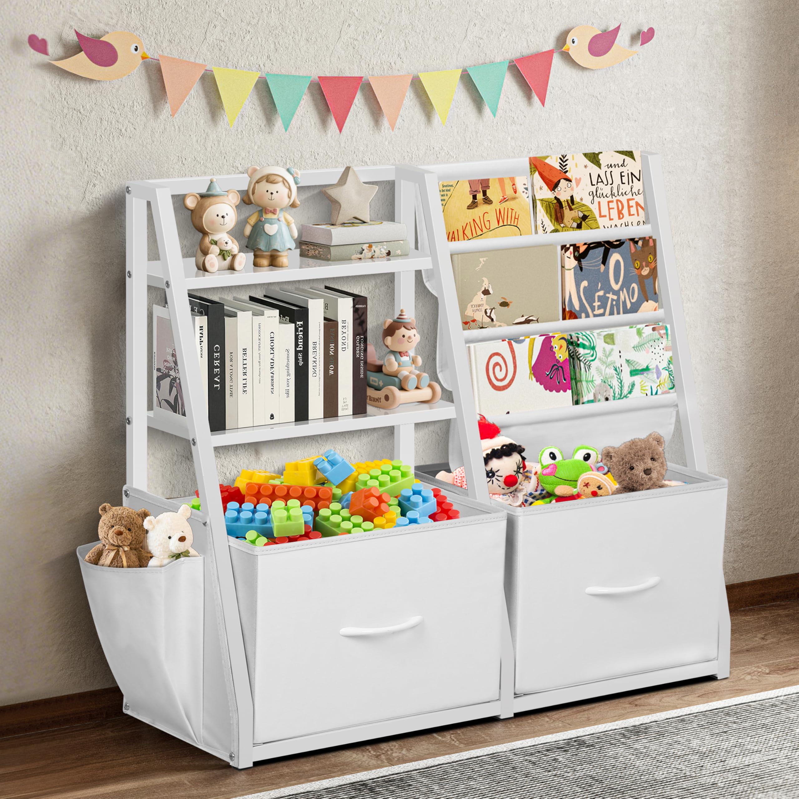 Photo 1 of LOFTEY Kids Bookshelf and Toy Storage, Book Shelf for Kids Room, Toddler Montessori Bookshelf with 2 Drawers, Baby Book Shelf for Nursery, Toy Organizer, White