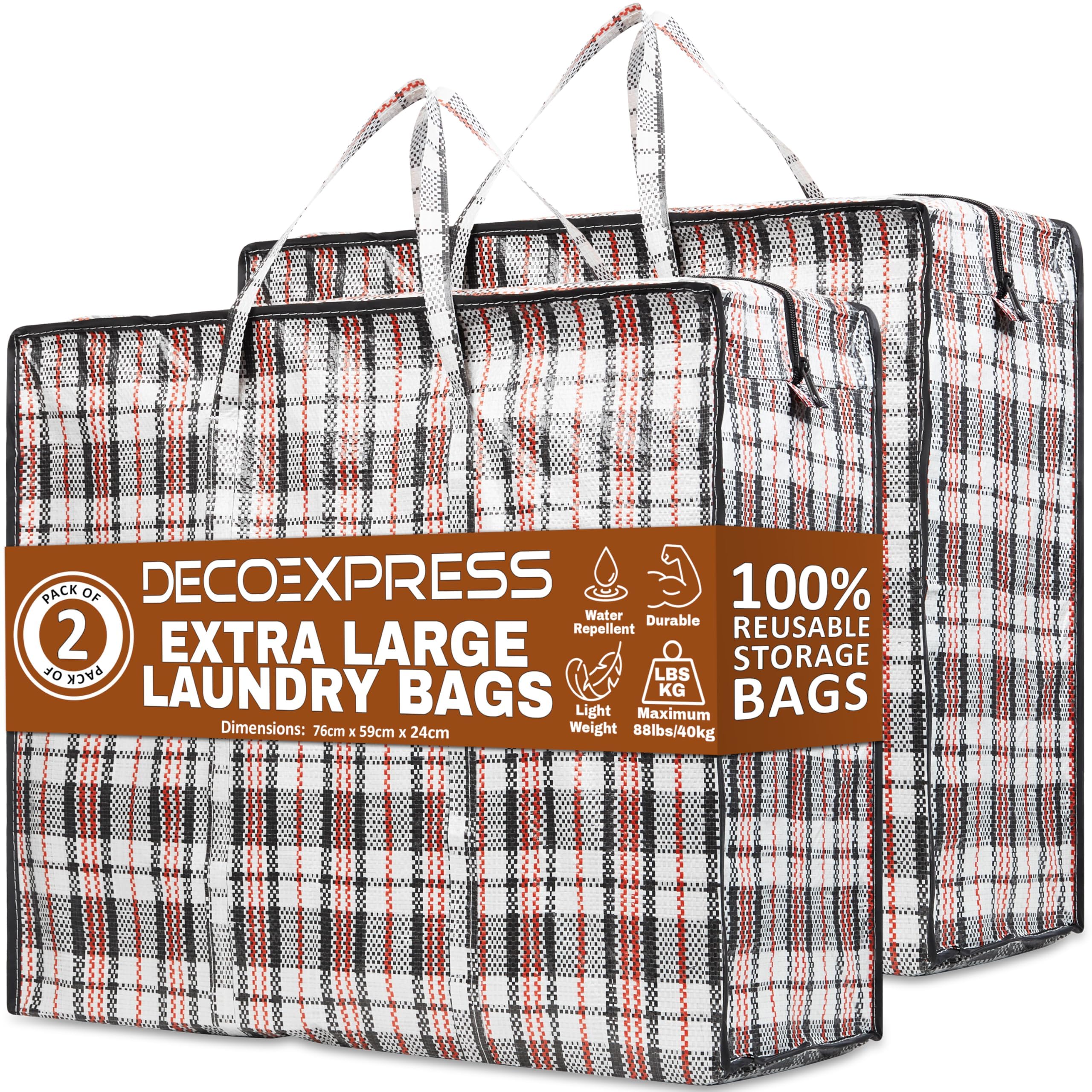 DECO EXPRESS Laundry Bags XXL, Pack of 2, 107L Strong, Durable & Reusable Extra Large Storage Bags with Zips, Ideal for Moving, Shopping, Packing, Laundry & Clothes Storage (76 X 59 X 24 CM)