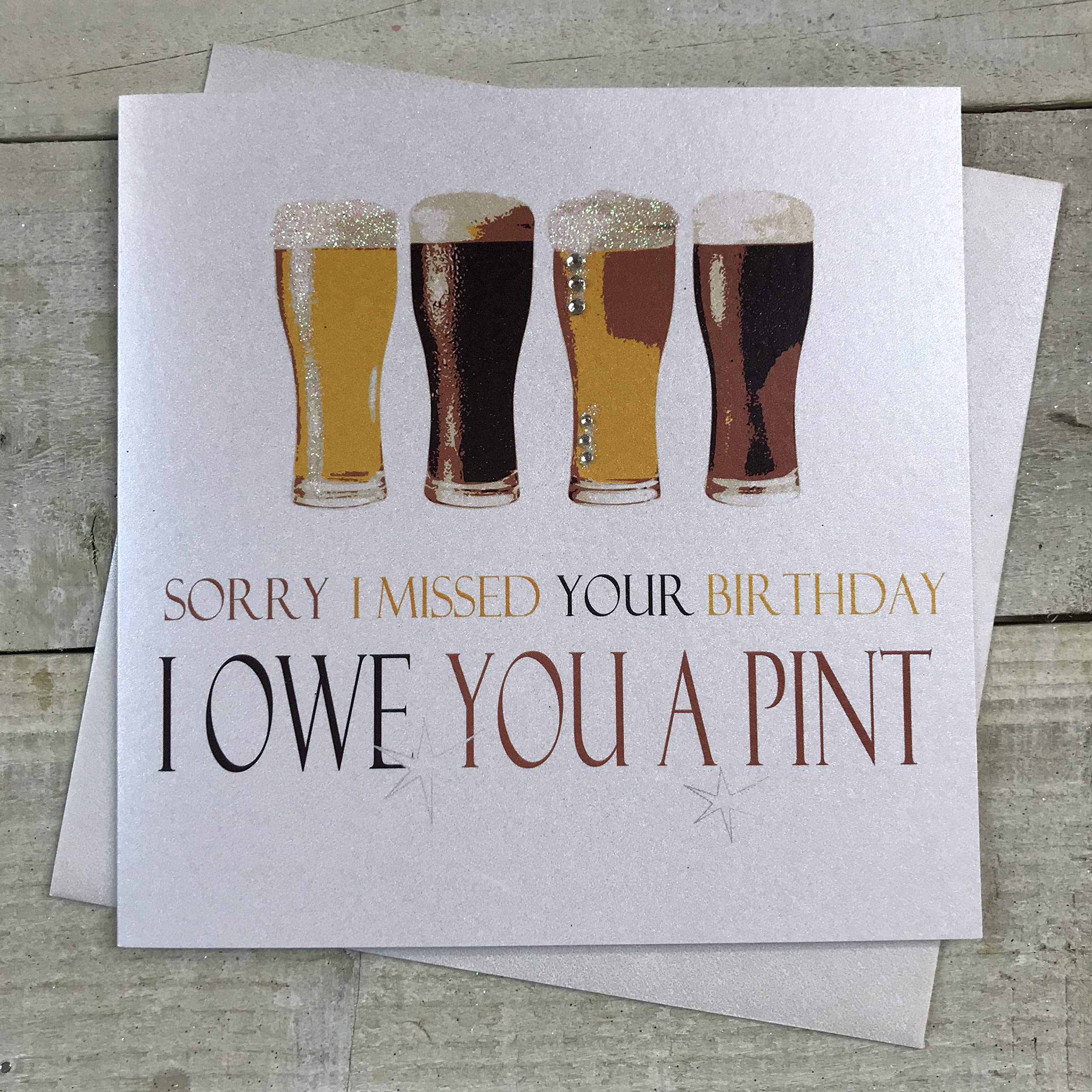 WHITE COTTON CARDS Handmade Sorry Owe You A Pint Neon Range Beers Missed Birthday Card, White, N316