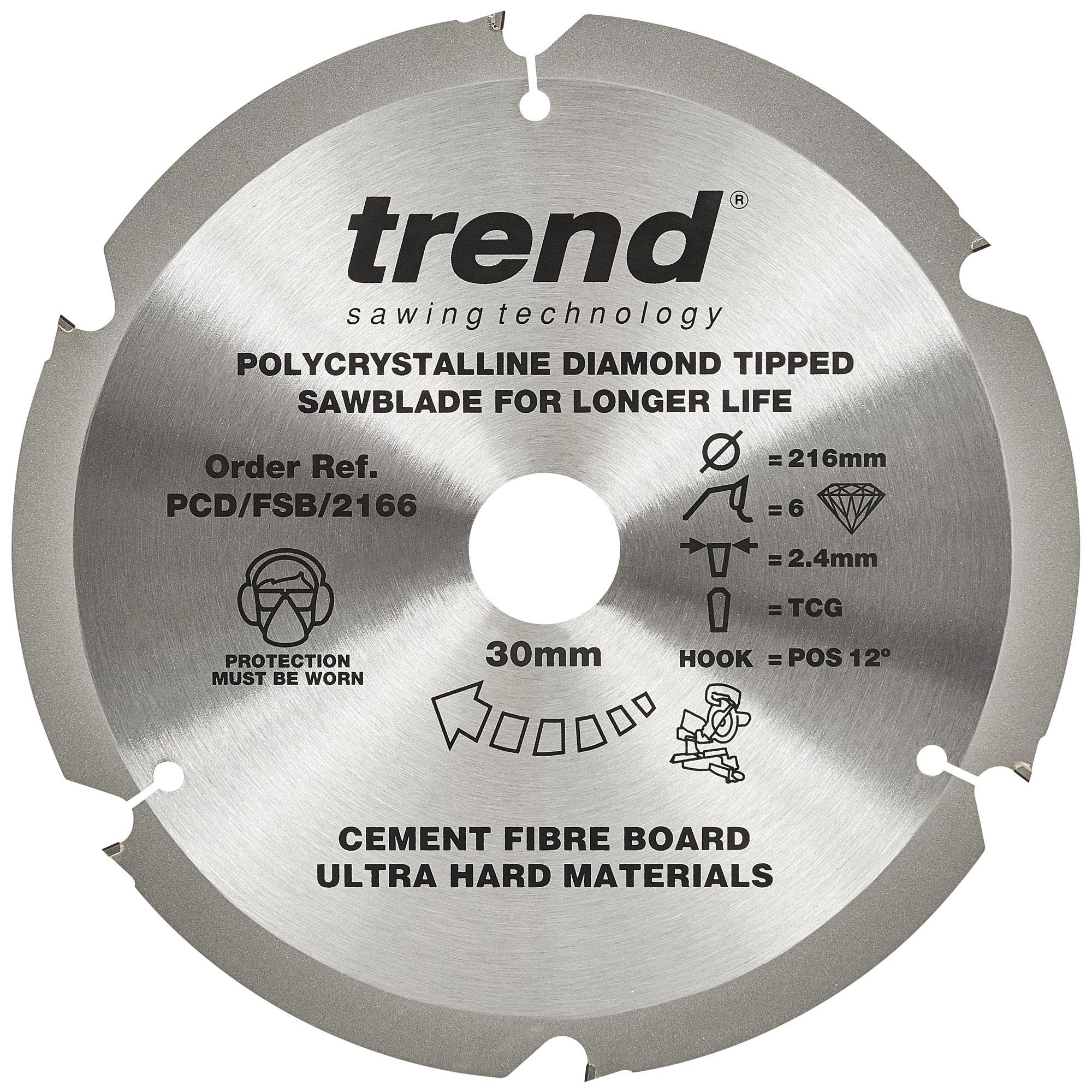 Trend PCD Fibre Cement Circular Saw Blade, 216mm Diameter, 30mm Bore, 6 Teeth, 2.4mm Kerf, +12° Hook, PCD, Coarse Finish, PCD/FSB/2166
