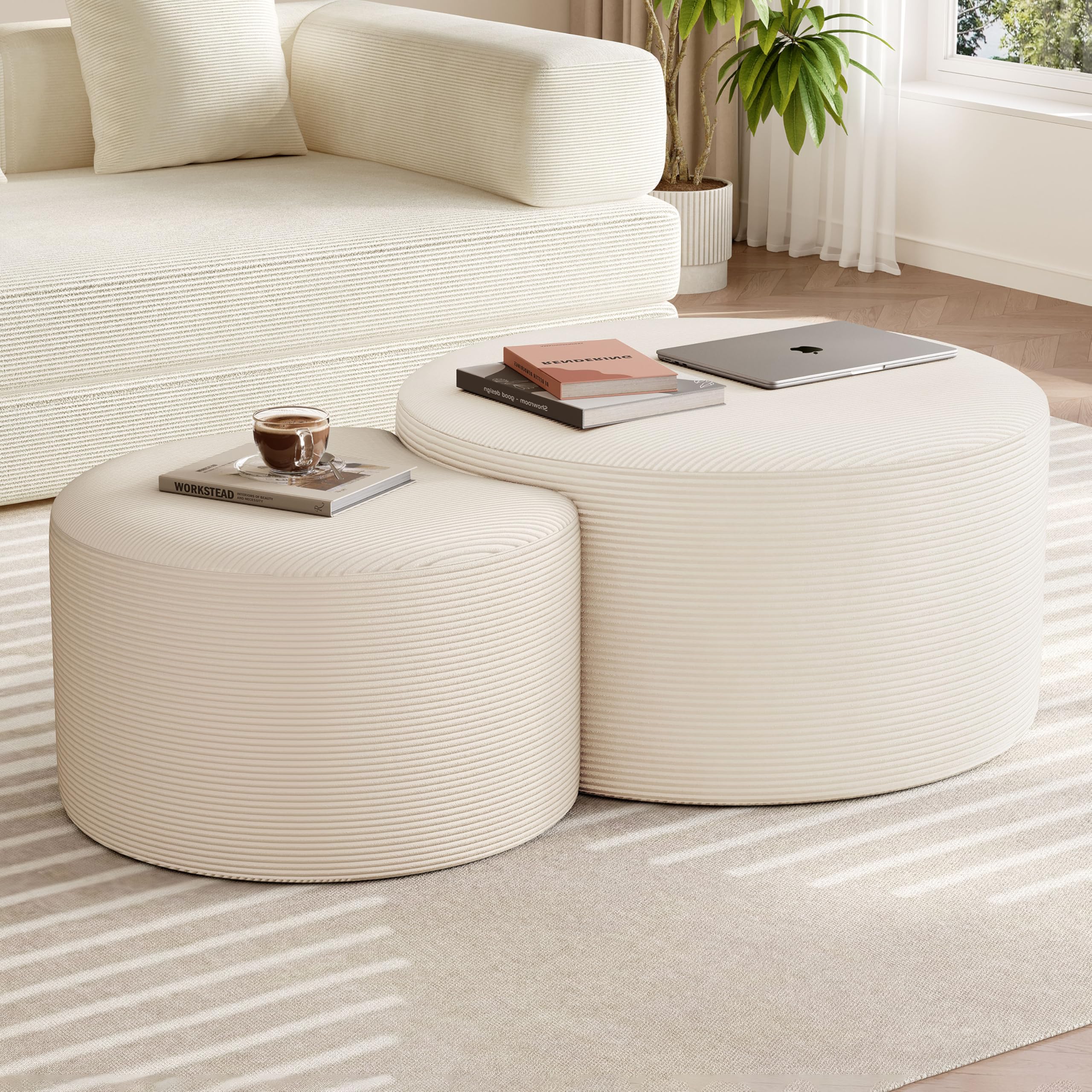 Photo 1 of BSHOMGI Nesting Coffee Table Set of 2, Upholstered Round Corduroy Circle Foam Round Side Table Ottoman for Living Room, Entryway Set, 32"+17" Footrest or Bed-end Stools, No Assembly (red)