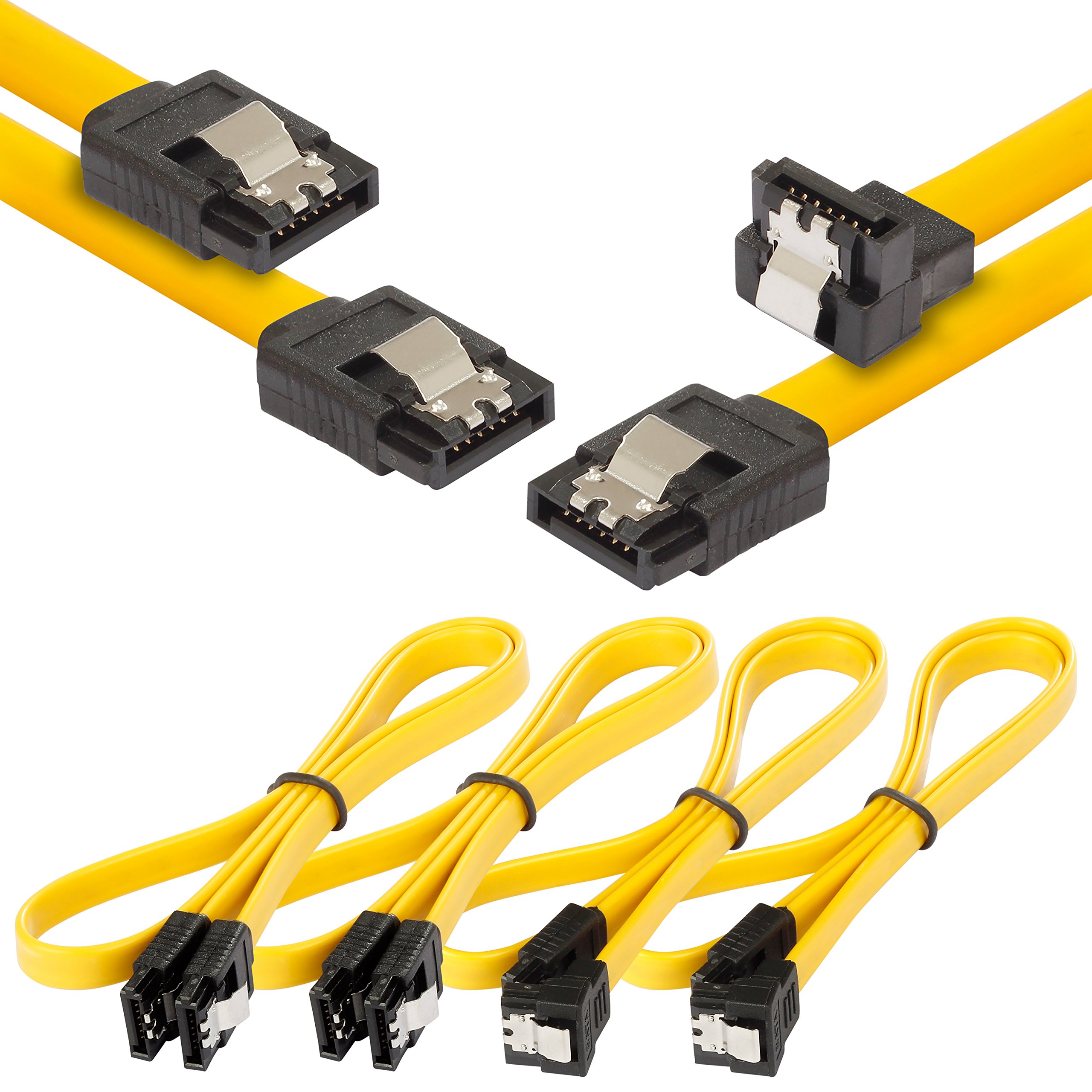 POPPSTAR 4x 0.5m Sata 3 HDD SSD cable, 2x clip plug straight, 2 clip plug straight to 90 degree right-angle, up to 6 Gbps, yellow