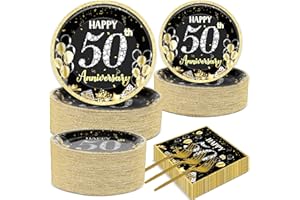QYEAHKJ 50 Guests 50th Anniversary Plates Napkins Party Supplies Employee Career Wedding Party Decoration Disposable Paper Cake Tableware Sets Party Dinnerware Favors Fiftieth Anniversary, 200PCS