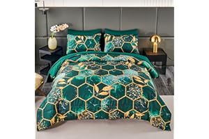 ANGIYUIN 3D Marble Honeycomb King Size Comforter Set, 7Pcs Emerald Green Geometric Hexagon Bed in A Bag, Modern Foil Print Comforter Bedding Sets with Sheets Pillowcases (Green King)