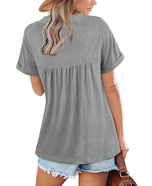 QVESELU WOMENS SUMMER DRESSY CASUAL COLLARED V NECK SHORT SLEEVE LOOSE FIT CUTE BABYDOLL TUNIC TOPS AND BLOUSES LADIES PLAIN COTTON WORK BUSINESS POLO T SHIRTS SPRING FALL FASHION 2023 GREY