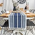 Navy Blue Table Runner boho style 14 x 60 Inch | Farmhouse Braided Stripe Table Runners for your rustic decor , Thanksgiving, Spring Holidays Table Runner – Handcrafted Woven Cotton Runner for table