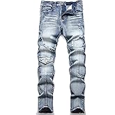 XIMXIMMTIAN Men's Biker Moto Washed Distressed Slim Fit Straight Jeans Denim