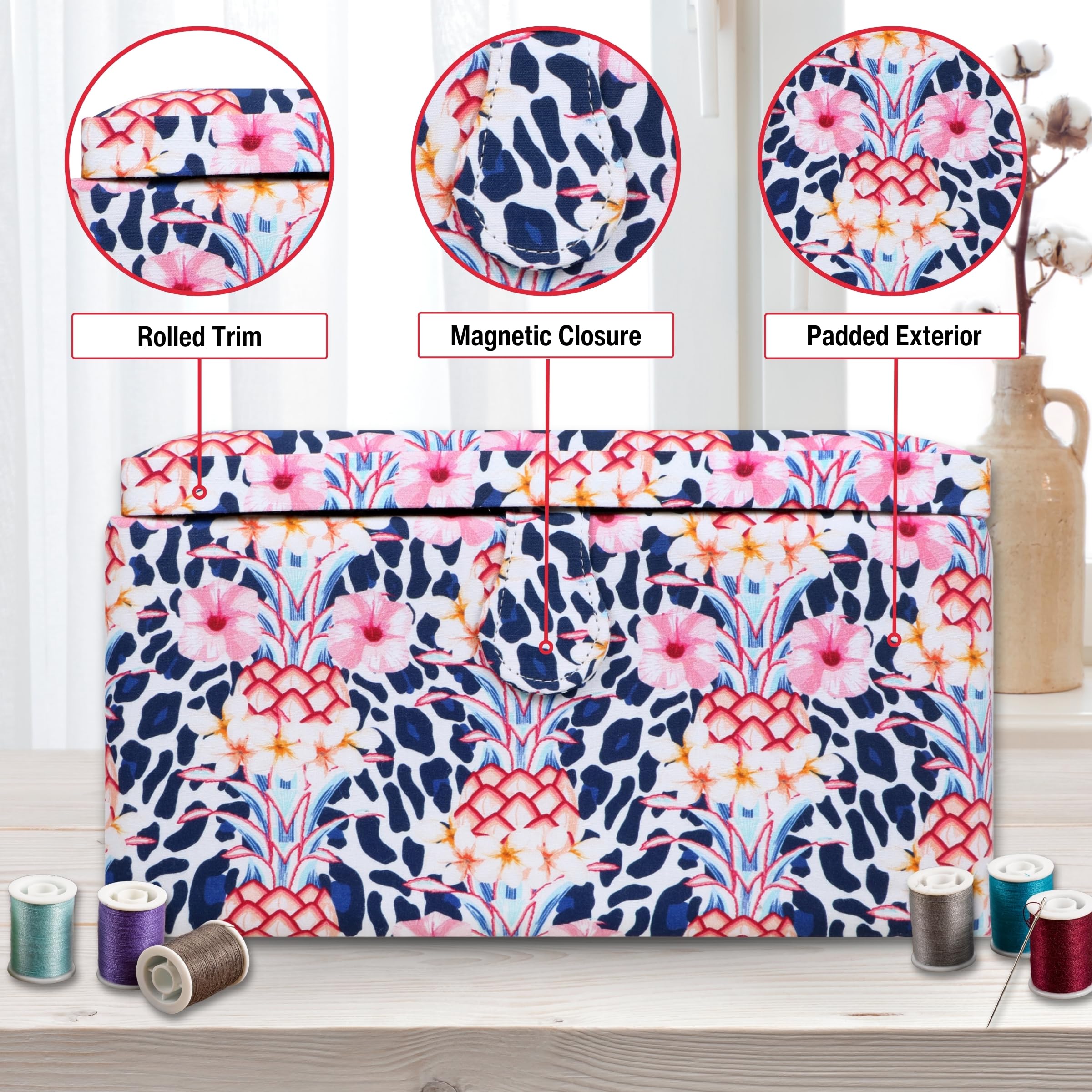 SINGER Large Premium Sewing Basket Tropical Animal Print with Emergency Travel Sewing Kit & Matching Zipper Pouch