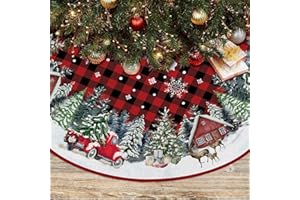 EKOREST Christmas Tree Skirt 48 Inches, Red Buffalo Plaid with Truck Pencil Tree Skirt, Winter Xmas Tree Mat Decorations for Home Party Holiday Decorations