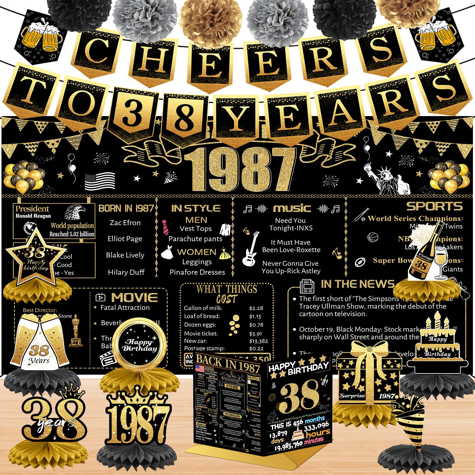 Photo 1 of 38th Birthday Decorations for Women Men, 18PCS Black Gold Back in 1987 Banner Decorations, Bday Backdrop, 38 Year Old Banner for Her Him, Birthday Card, 6 Paper Poms 9 Honeycomb Balls