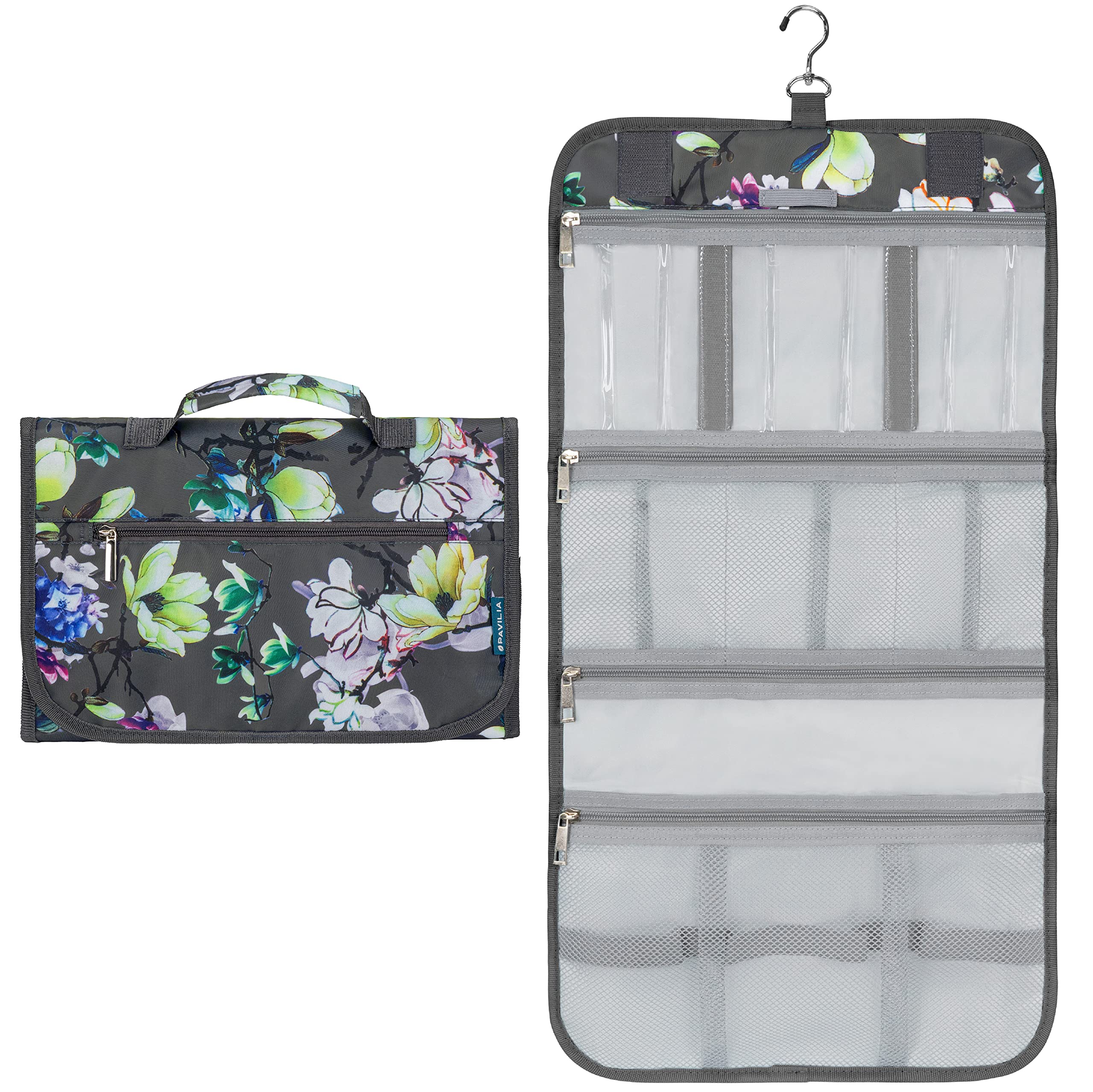 PAVILIA Hanging Toiletry Bag Women Men, Travel Kit Foldable Large Toiletries Organizer, Roll up Cosmetics Makeup Bag Accessories, Waterproof Essentials Jewelry Case (Floral Grey)