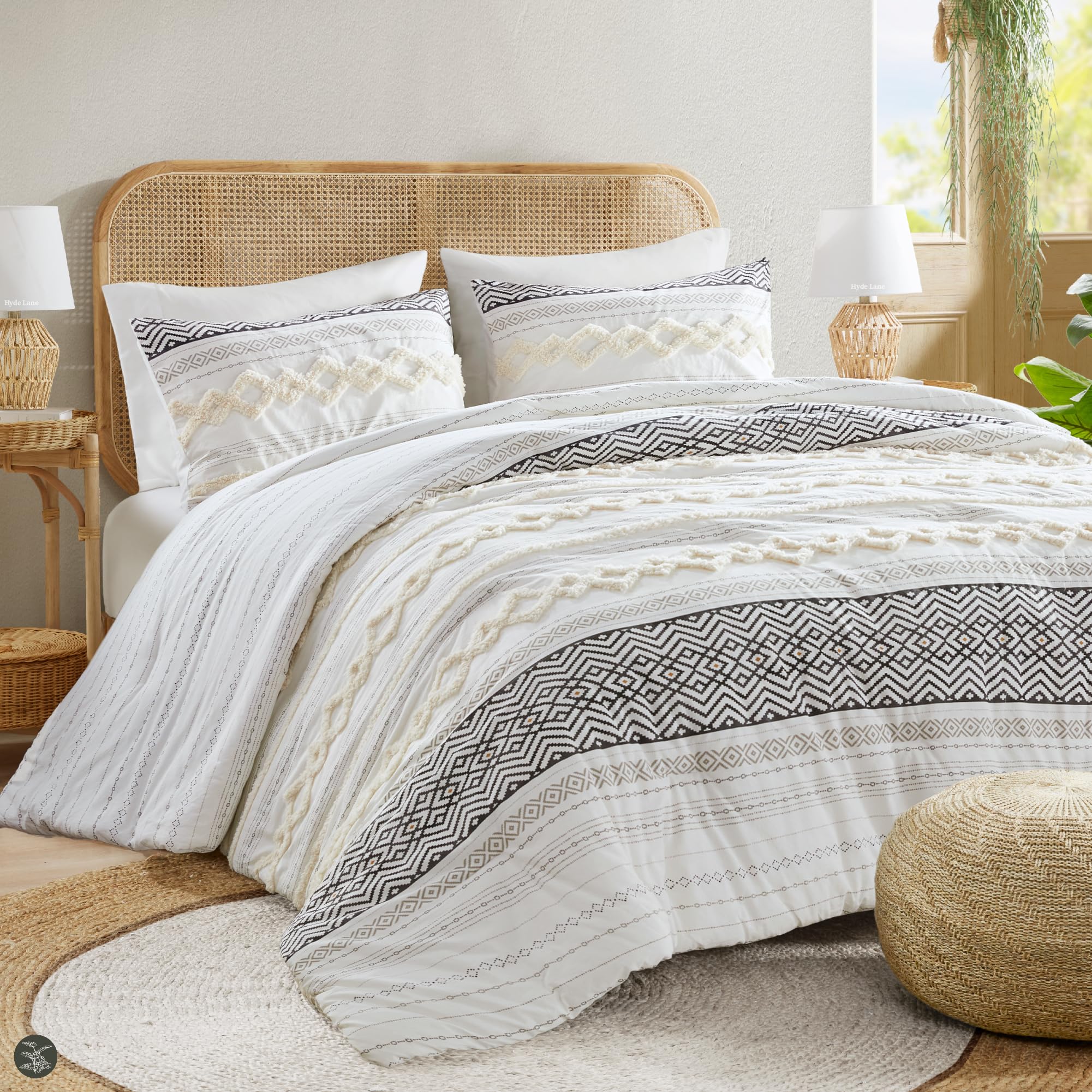 Photo 1 of Hyde Lane Farmhouse Bedding Comforter Sets King, Ivory Boho Bed Set,Cotton Top with Modern Neutral Style Clipped Jacquard Stripes, 3-Pieces Including Matching Pillow Shams (104x90 Inches)