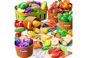 NIPLOOOW Play Food Set for Kids, Toddler Learning Toys, Cutting Food Toy Color Sorting Set, Pretend Food Play Kitchen Accessories for Kids, Birthday Gifts for 3-8 Years old Boys Girls Educational Toys