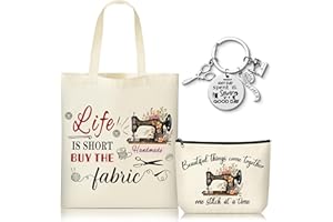 CJiangpo 3Pcs Vintage Sewing Tote Bag Canvas Bag with Keychain, Funny Quilting Gifts for Seamstress Women Sewing Lovers Mom, Cosmetic Organizer Makeup Pouch Sew Machine Themed Christmas Gift