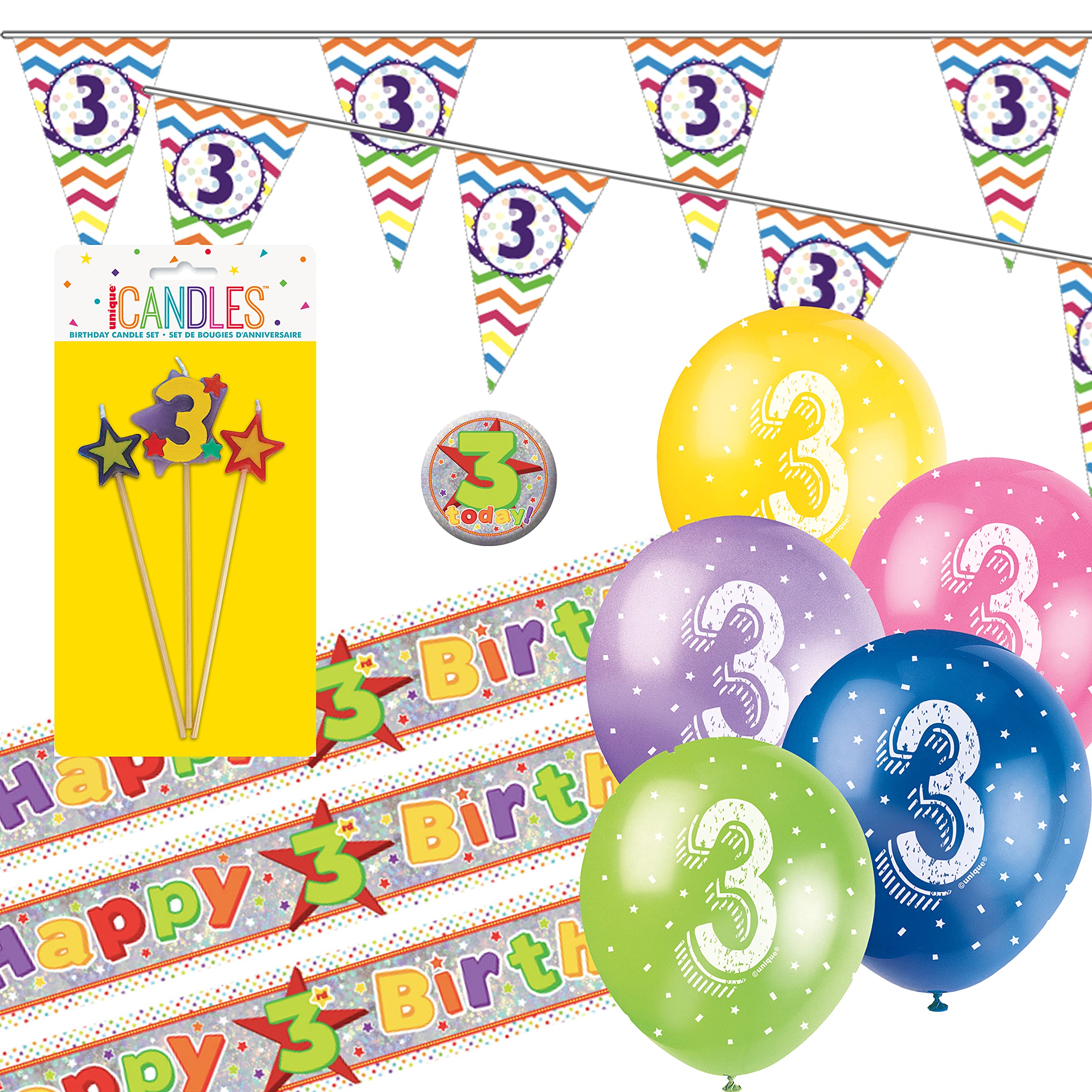 CheerstoYears 3rd Birthday Kit: 3rd Birthday Banners, Balloons, Bunting, Candle, Badge