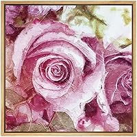SIGNWIN Framed Canvas Wall Art Pink Blossom Rose Ocean Song Floral Flower Oil Painting Impressionism Romantics Closeup Relax/Calm for Living Room, Bedroom, Office - 16x16 inches