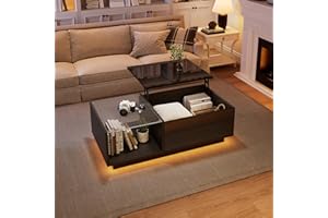 Modern Black Lift Top Coffee Table with App-Controlled LED Lights, High Gloss Glass Top, Adjustable Height to 18.3”, Open Sto