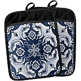 Blue and White Chinoiserie Floral Pot Holders with Pockets, Blue Floral Pot Holders Heat Resistant Oven Mitts Hot Pads for Kitchen Baking Cooking,Potholders for Kitchens