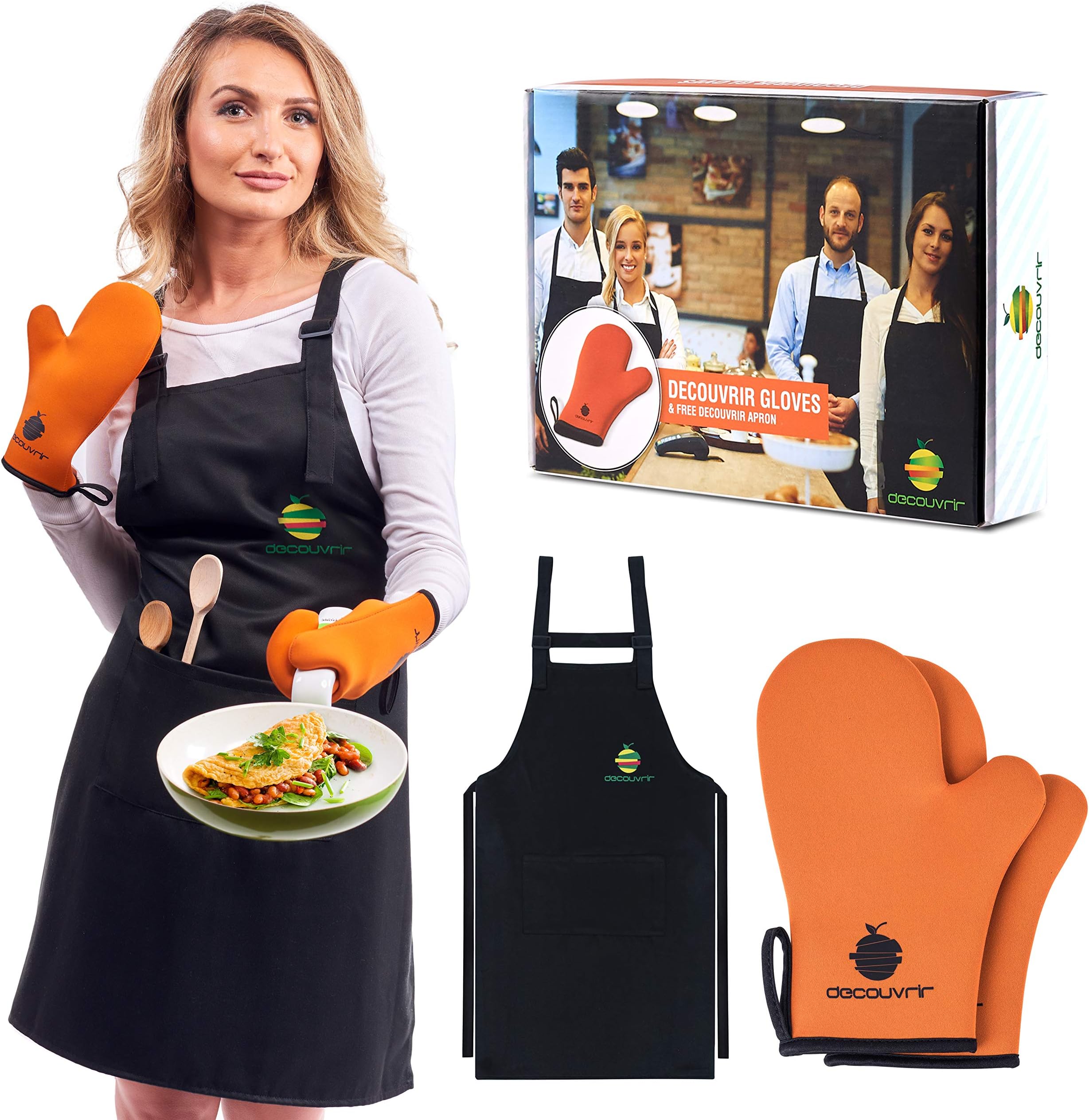 Neoprene Oven Mitts Apron Set| High Temperature Heat-Resistant Kitchen Mittens for Men and Women Perfect Cooking, Baking, Grilling + Adjustable Black Bib Apron + eBook with Delicious Recipes