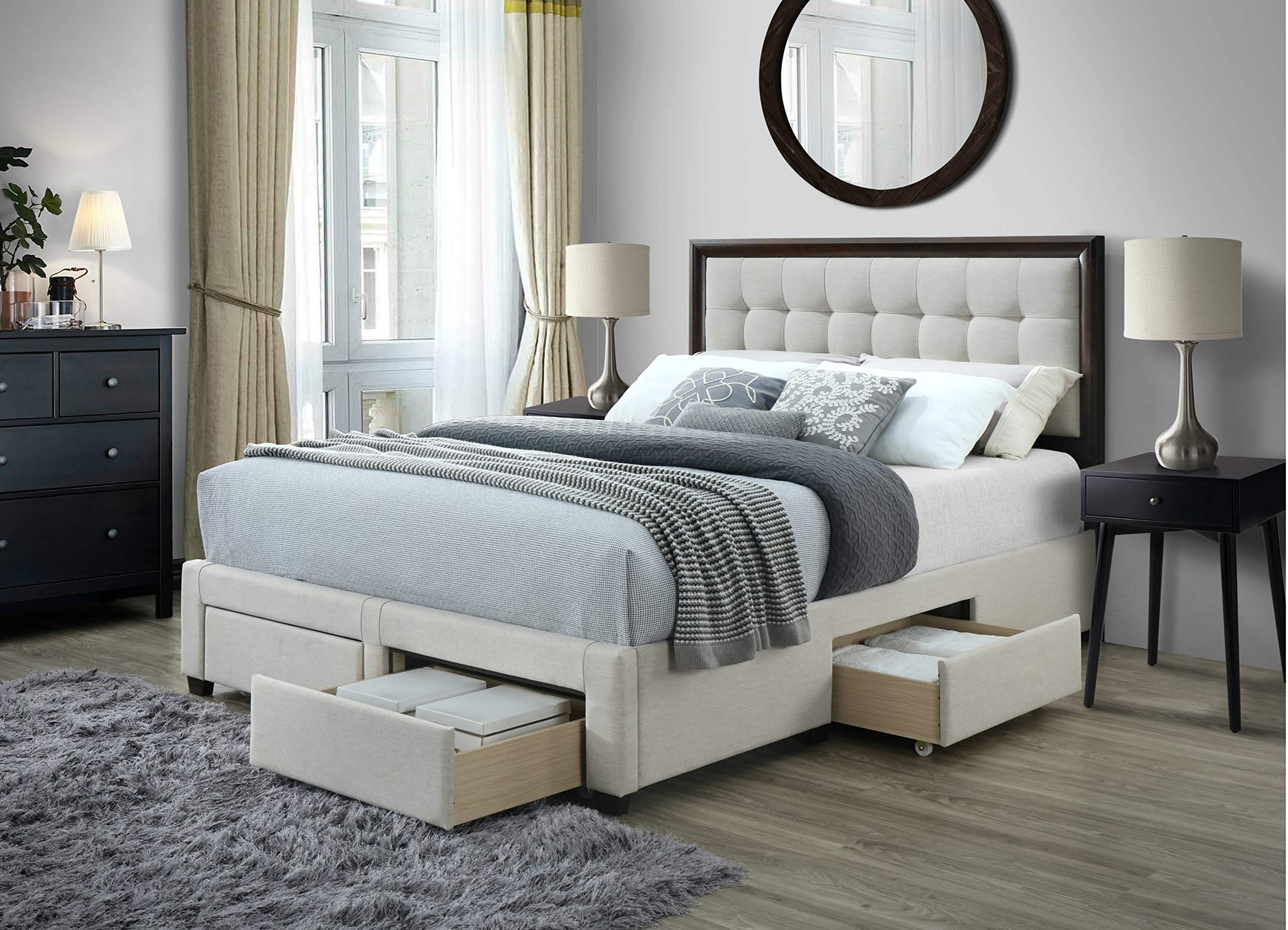 DG Casa 12550-Q-BGE Soloman Upholstered Panel Bed Frame with Storage Drawers and Wood Trim Tufted Headboard, Queen Size in Beige Linen Style Fabric. Box 1/3