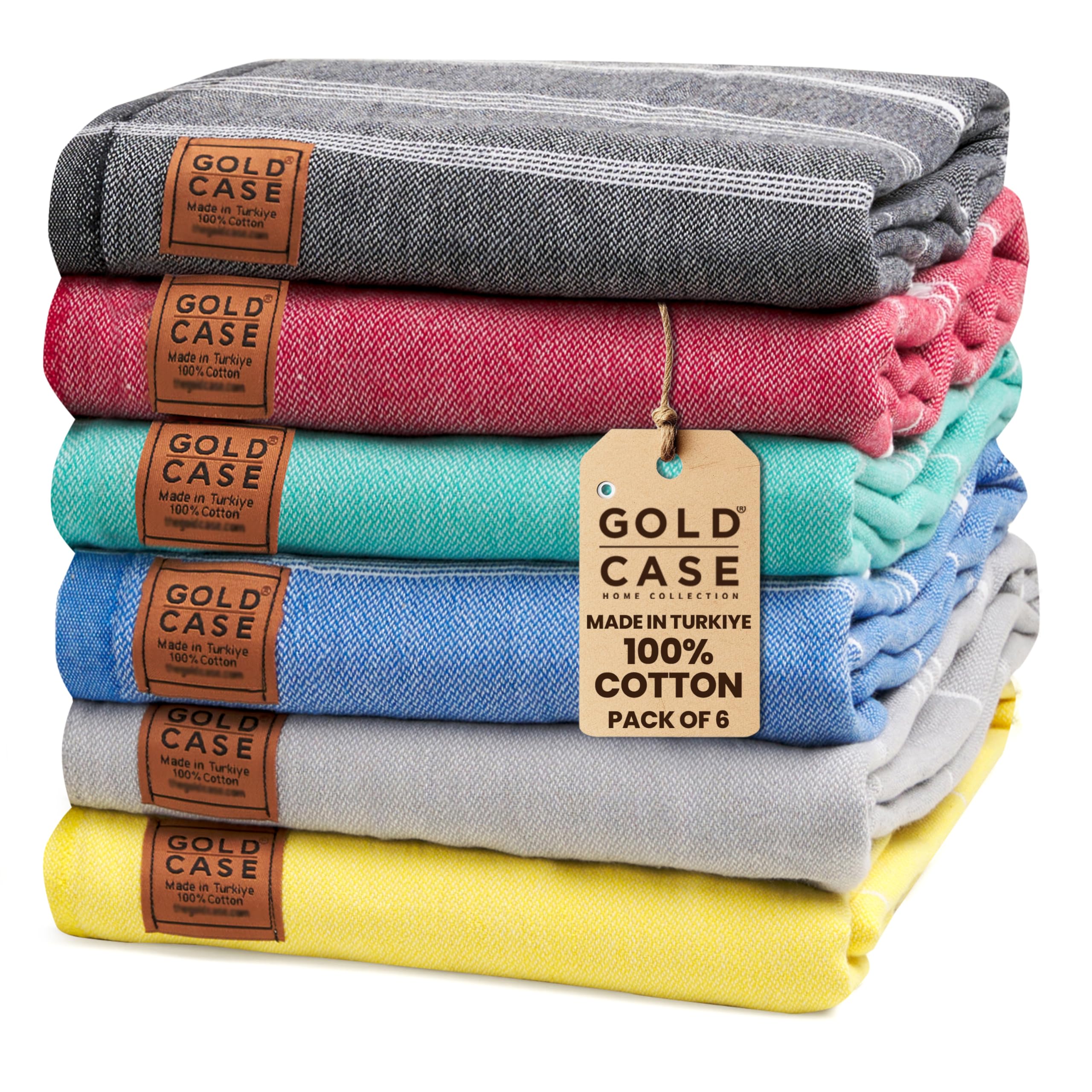 GOLD CASE Turkish Beach Towel Bath Towels LYCIA Series - Set of 6 - XXL Oversized 70x40 inches -100% Cotton - Quick Dry Lightweight Sand Free Turkish Towel (Multicolor-1)