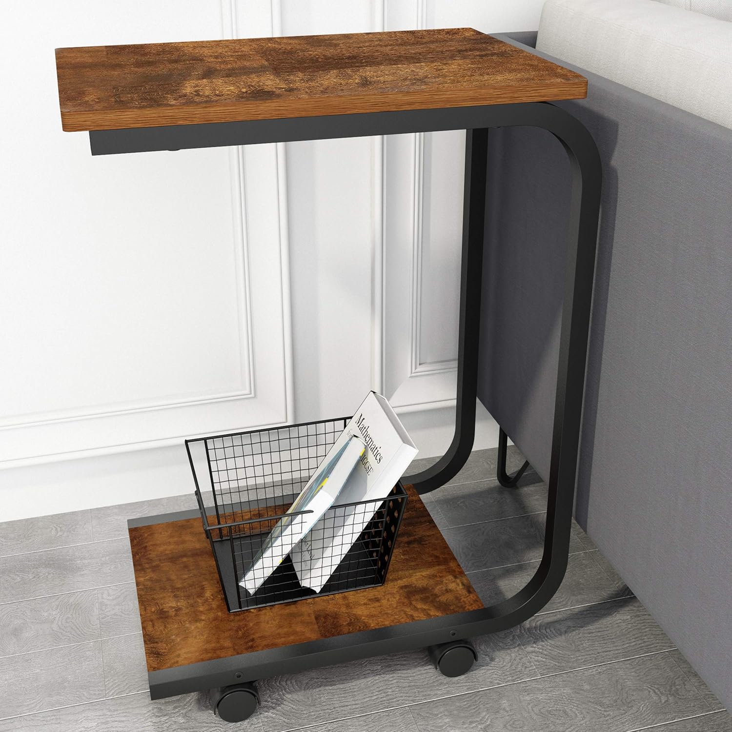 JOISCOPE Rolling Side Table, Industrial End Table on Wheels for Couch