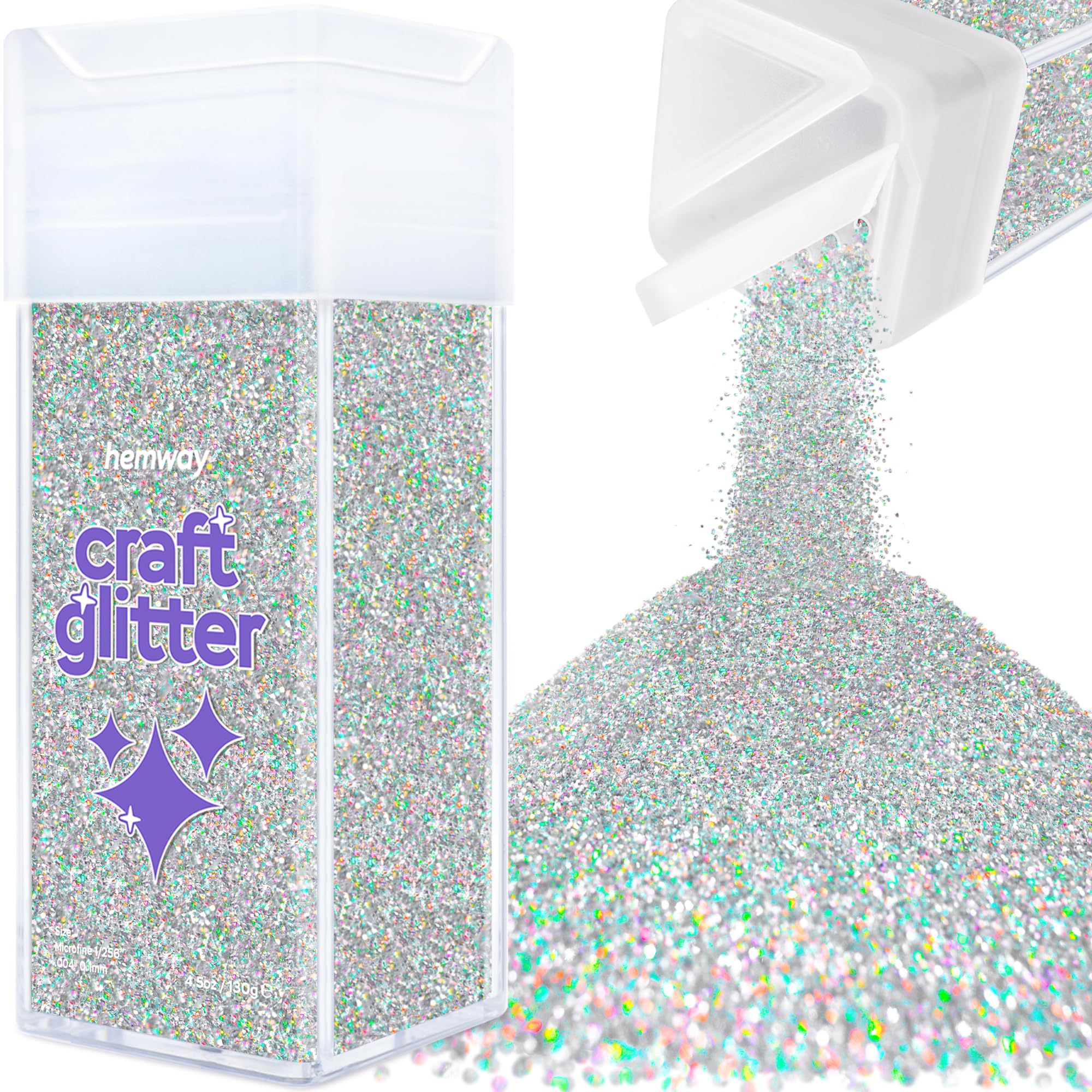Hemway Glitter Shaker Silver Holographic 130g Microfine, Craft Glitter Shaker for Resin & Epoxy Crafts, Christmas Art Supplies, Nail, Body, Face, Eye, Festival, Crafting, Slime, Sparkle