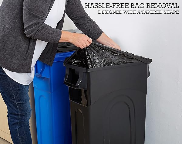 UNITED SOLUTIONS HIGHBOY WASTE CONTAINER WITH SWING LID, 23 GALLON, SPACE SAVING SLIM PROFILE AND SIMPLE BAG REMOVAL, HANDLES FOR EASY CARRYING, INDOOR/OUTDOOR USE, PLASTIC, BLACK, 1-PACK.
