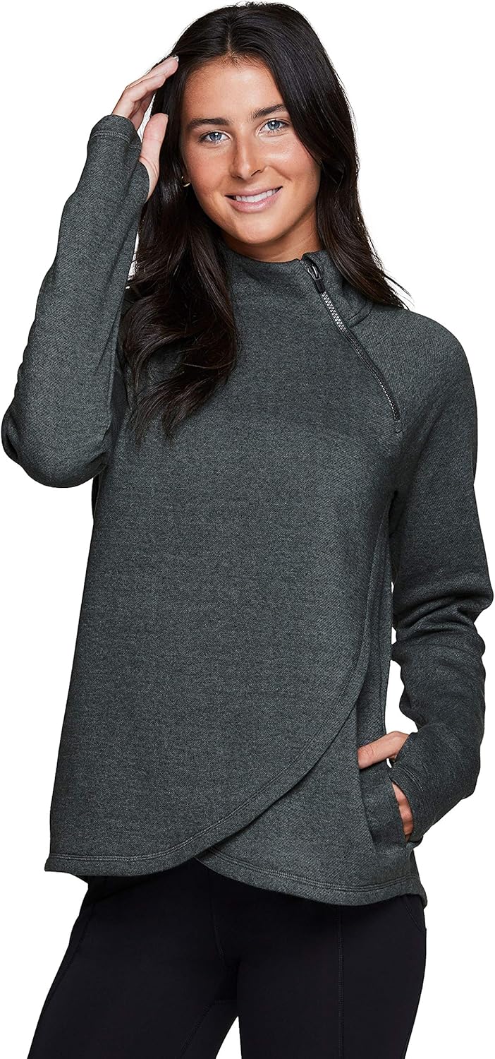 RBX Activewear Women's Fleece Pullover Sweatshirt with Zip Mock Neck, Pockets and Thumb Holes at  Women’s Clothing store
