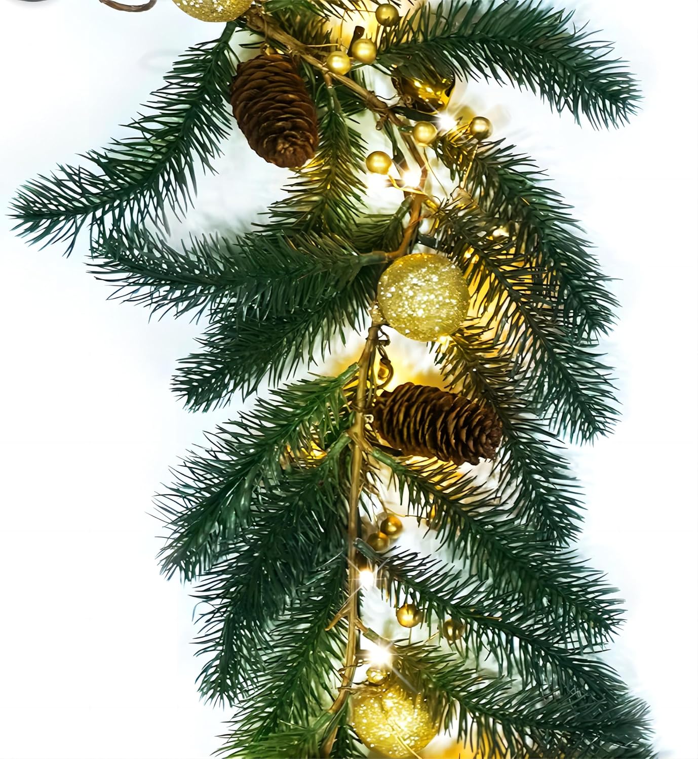 Wreaths, Garlands & Swags - FifthAveFair 6 FT Christmas Garland with LED Light, Battery Operated 8 Lighting Modes 40 LEDs, Gold Berris Christmas Balls Pine Cones Bells, Xmas Garland for Indoor/Outdoor