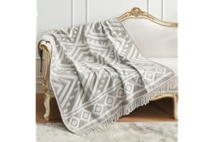 Amélie Home Chenille Woven Throw Blanket for Couch, Jacquard Decorative Boho Design with Handmade Tassels, Aztec Southwest Soft Cozy Throw for Chair Sofa Bed Outdoor in Fall, 50x60, Grey