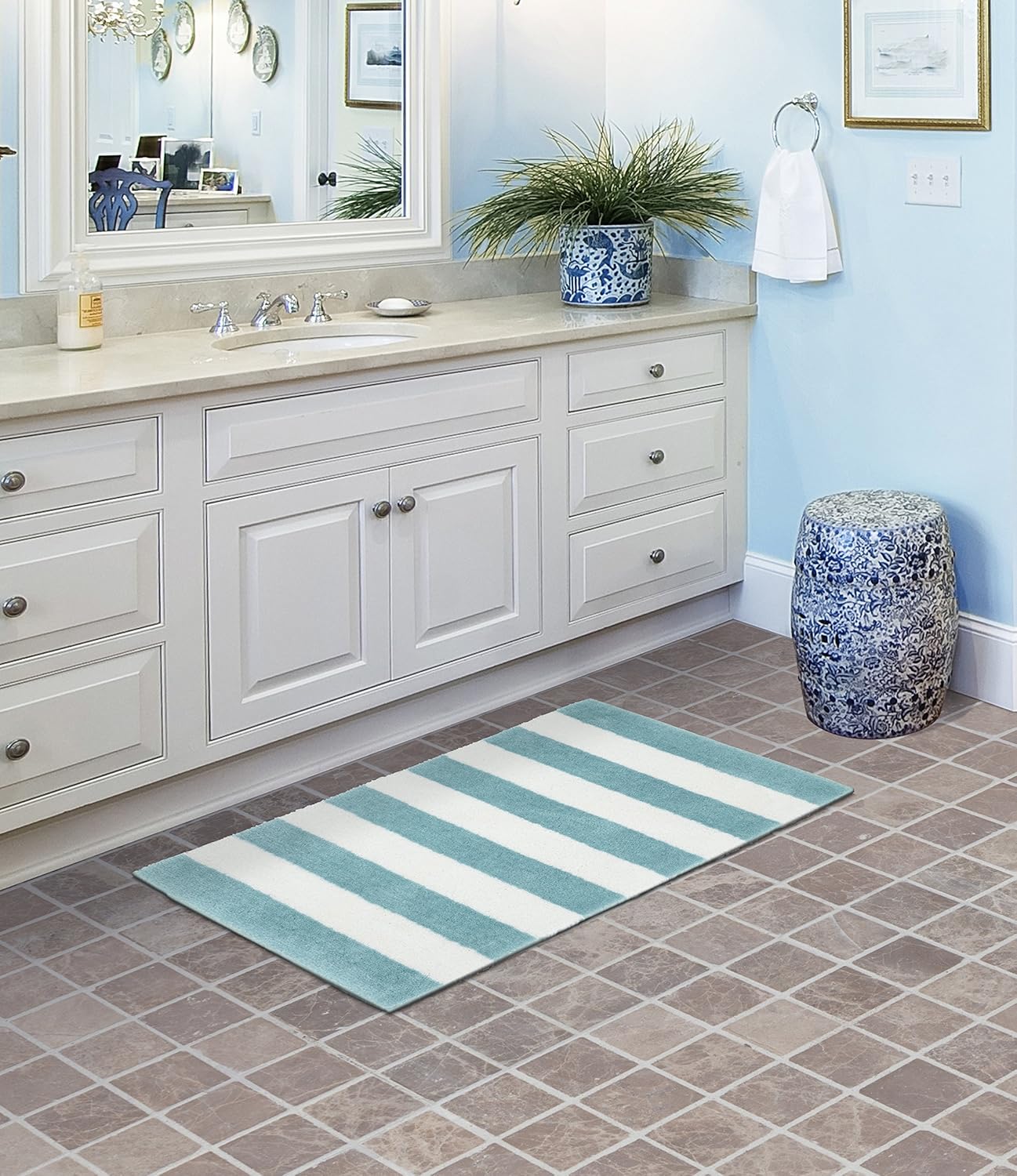 Amazon Com Garland Rug Beach Stripe Bath Rug 21 X 34 Seafoam White Furniture Decor