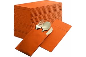 BLOOMINGOODS 50-Pack Disposable Linen-Feel Dinner Napkins with Built-in Flatware Pocket, ORANGE Prefolded Cloth Like Paper Napkins For Thanksgiving, Dinner, Wedding Or Party [Silverware NOT Included]
