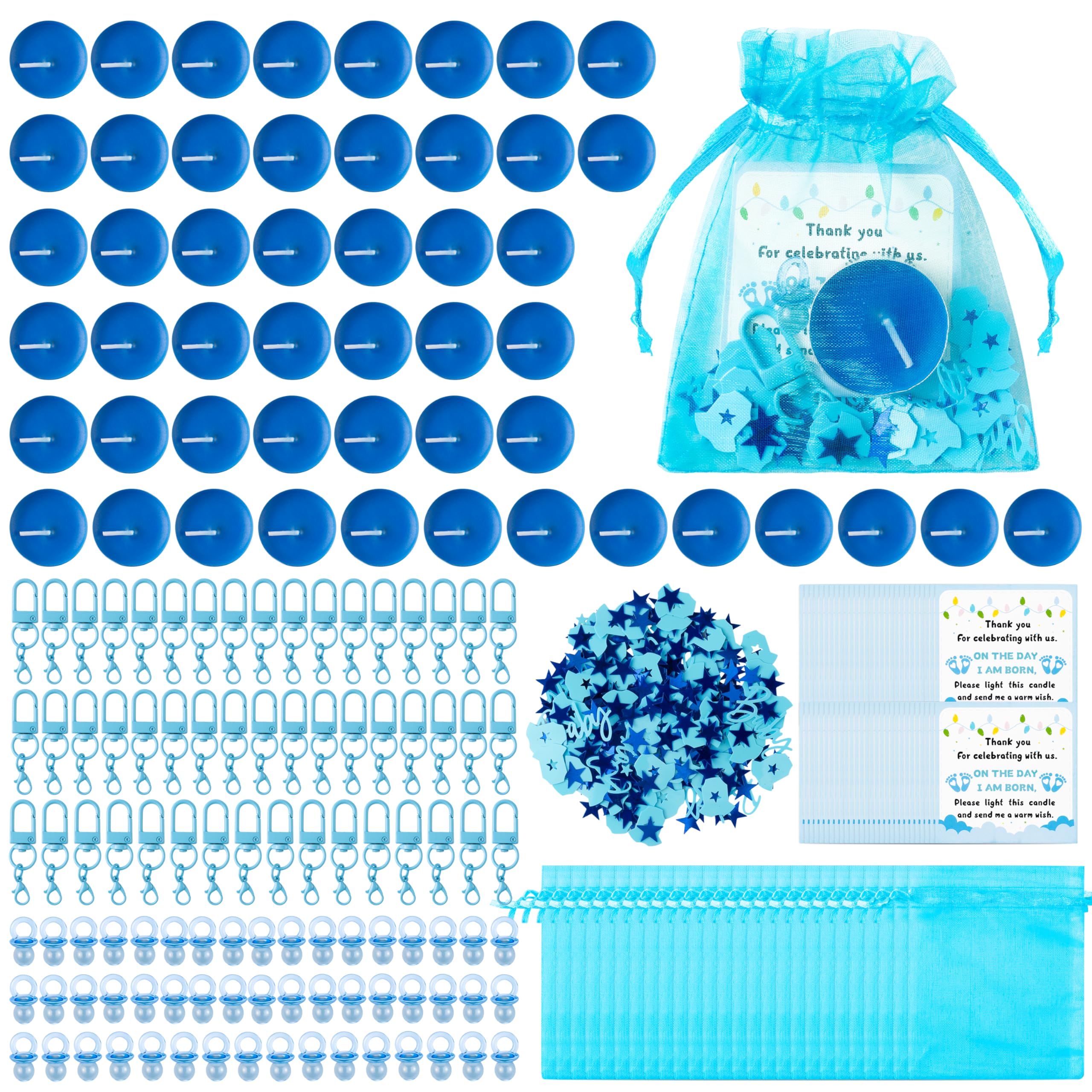 GoaePode Blue Baby Shower Favours for Girls Little Prince Party Gift with Thank You Cards Blue Glitter Tea Light Candles & Organza Bags Acrylic Keys Rings Gender Reveal Guest Presents