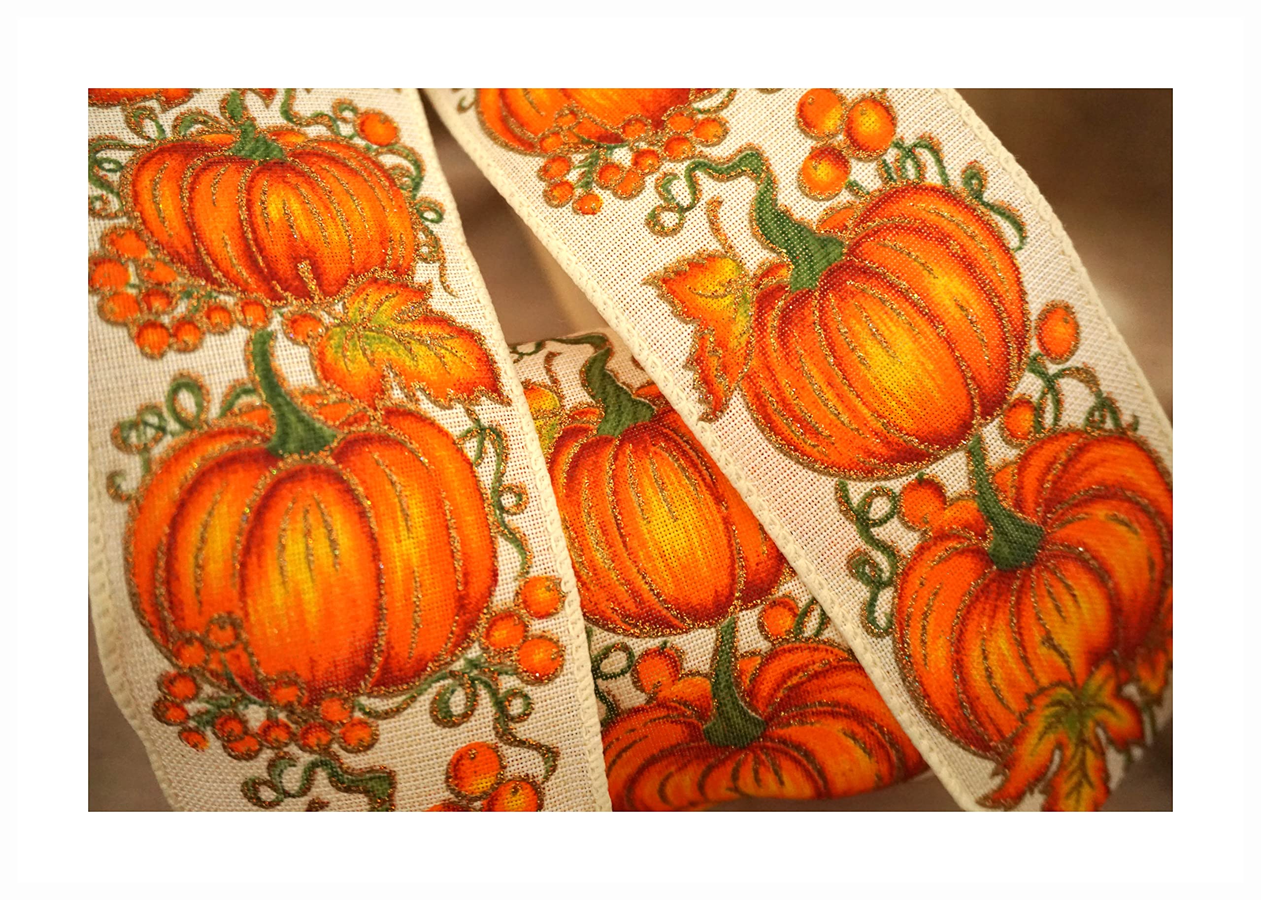 Autumn Fall Harvest Thanksgiving Wire Wired Edge Ribbon - Wreath Wedding Vintage (Orange Pumpkin and Berries on Ivory, 3m)