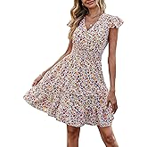 PRETTYGARDEN Womens Summer Dresses Boho V Neck Floral Print Ruffle Sleeve Layered Mini Dress Cute Smocked Waist Short Dress
