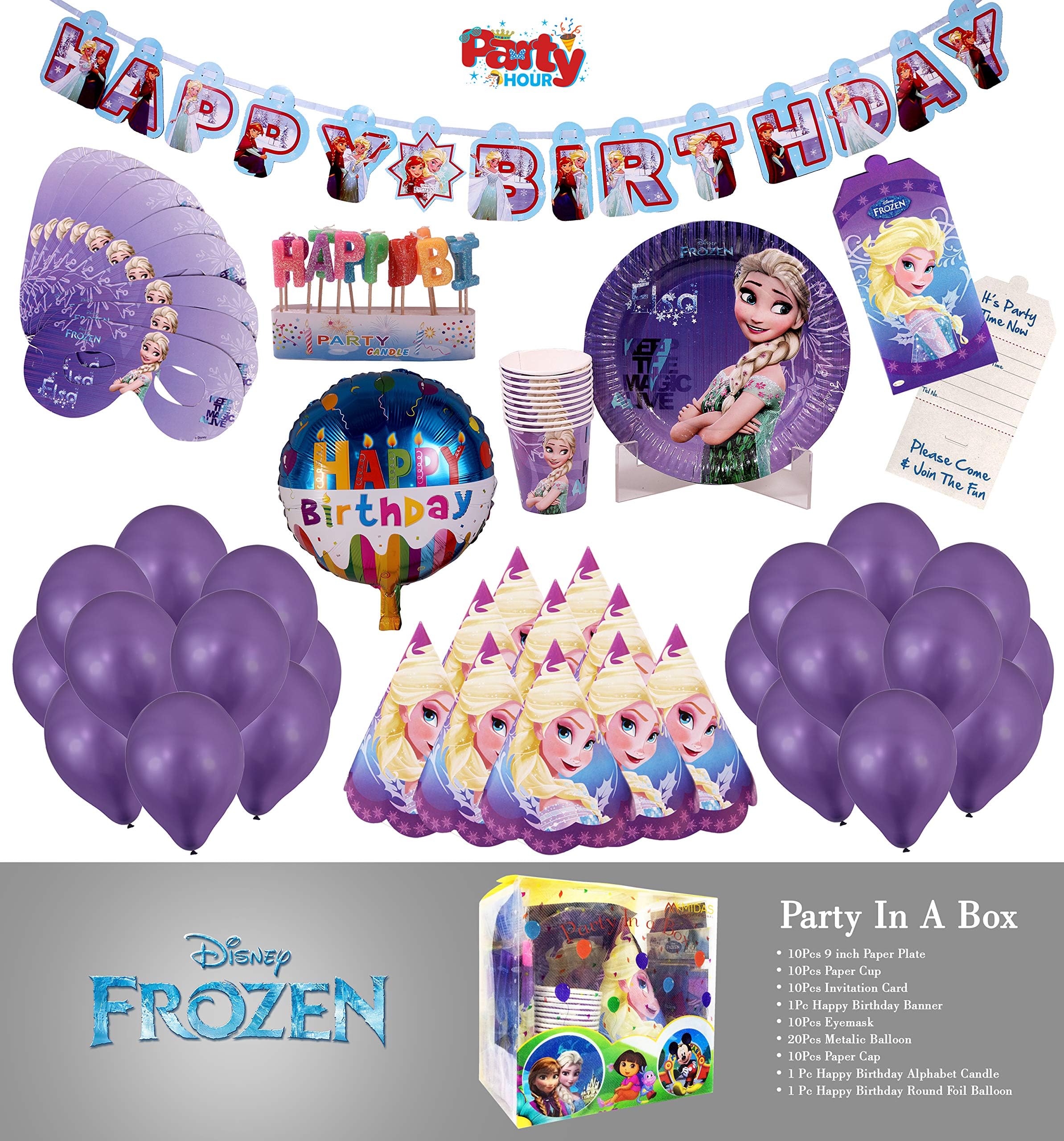 Party Hour Disney Frozen Combo Set of Metallic Happy Birthday Balloon, Banner, Candle, invitation Card, Cap, Plate and Cup For Birthday Party Decoration of kids, Age 4 to 12 Years