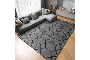 ONASAR Bedroom Living Room Area Rugs 5x8, Grey and Black Geometric Rug Floor Mat for Home Decor Aesthetic, Soft Shaggy Plush Fluffy Moroccan Carpet for Teen Nursery Playroom Dorm Classroom