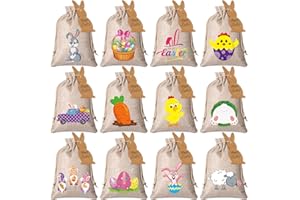 SHAPPY 24 Pcs Easter Burlap Drawstring Bags Easter Burlap Bags with Drawstrings Bunny Linen Goody Gift Bags with Double Jute Drawstrings Easter Bags Burlap Easter Bunny Bags for Easter Party (Classic Style)