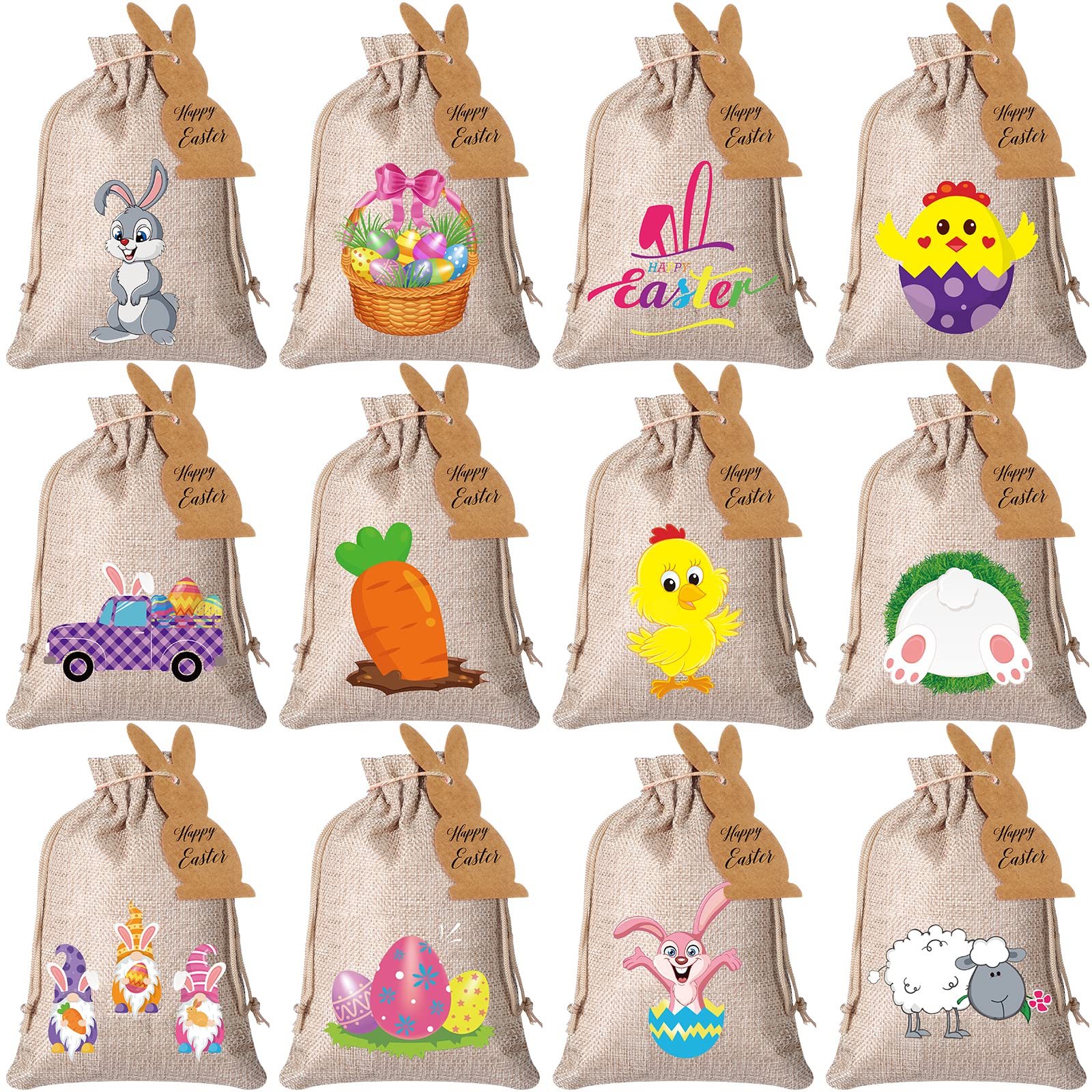 24 Pcs Easter Burlap Drawstring Bags Easter Burlap Bags with Drawstrings Bunny Linen Goody Gift Bags with Double Jute Drawstrings Easter Bags Burlap Easter Bunny Bags for Easter Party (Classic Style)