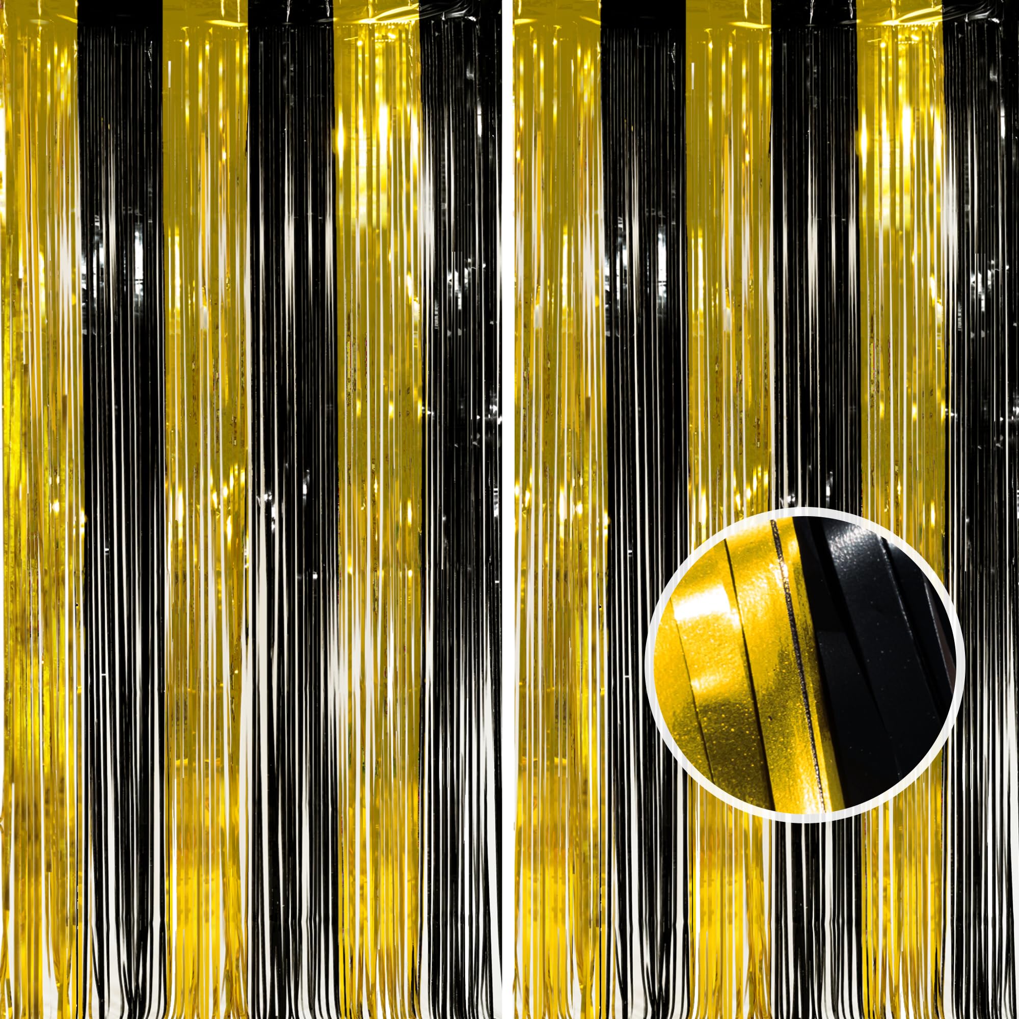 BRAVESHINE Black and Gold Tinsel Backdrop - 2PCS 3.3x8.2ft Glitter Foil Fringe Curtain Party Streamers Photo Booth Props for Birthday Retirement Prom Decorations 2026 Graduation Party Decorations