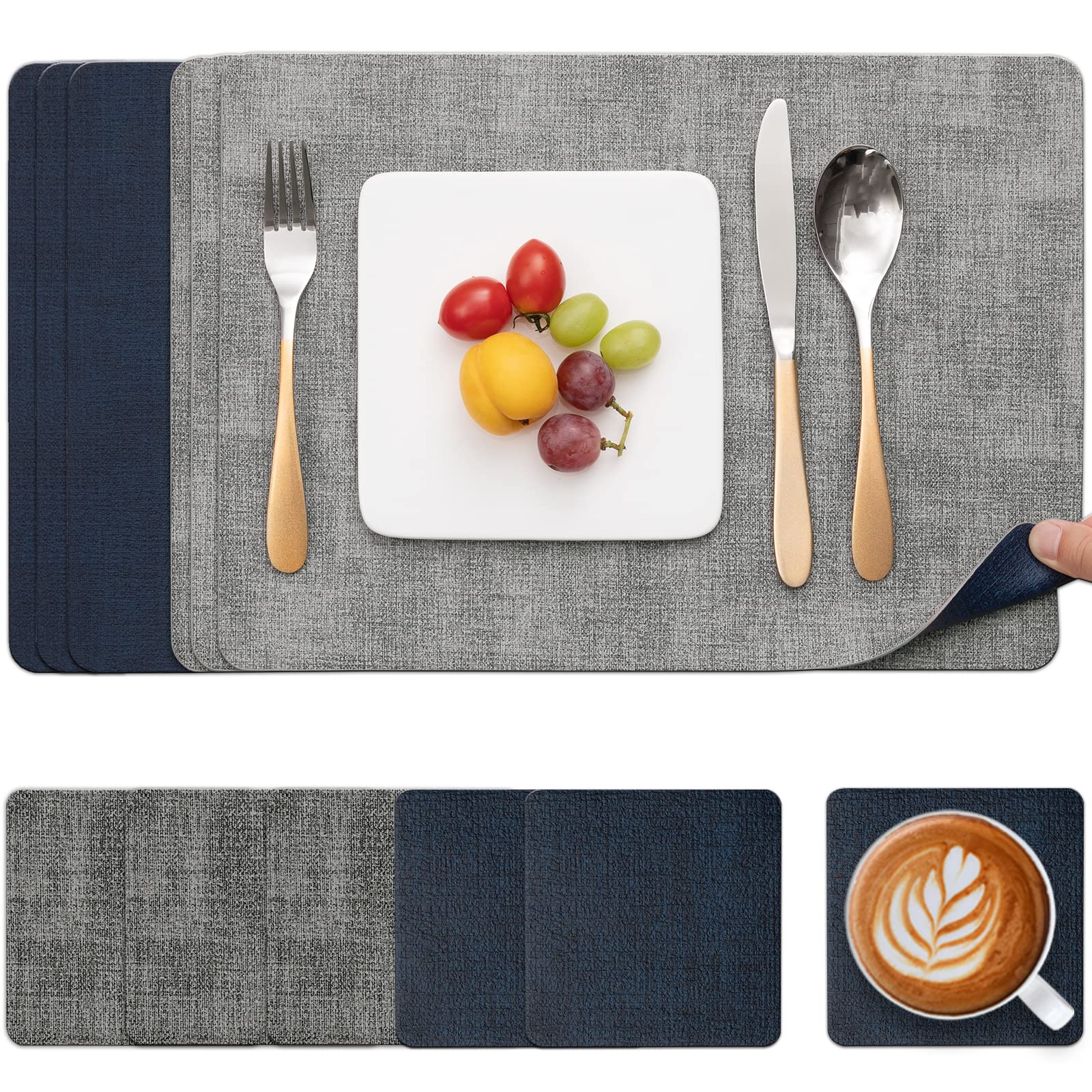 Myir JUN Placemats and Coasters Set of 6, Place Mats Dual Sided Faux Leather Table Mats PU Indoor Outdoor Heat Resistant Placemat Square Non Slip Wipeable Washable Dining Restaurant (Gray Blue)