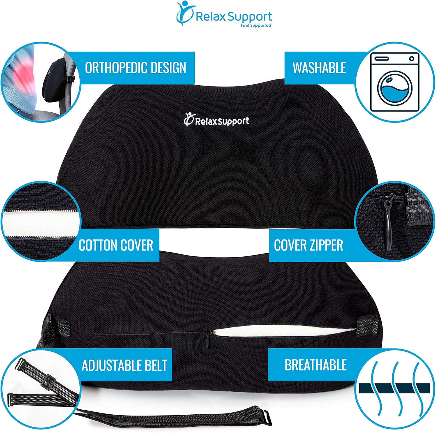 RS1 Back Support Pillow by Relax Support – Lumbar Pillow Upper and Lower Back for Chair Back Pain Uses ArcContour Special Patented Technology Has Unique Lateral Convex Shape for a Pain Free Back: Home & Kitchen