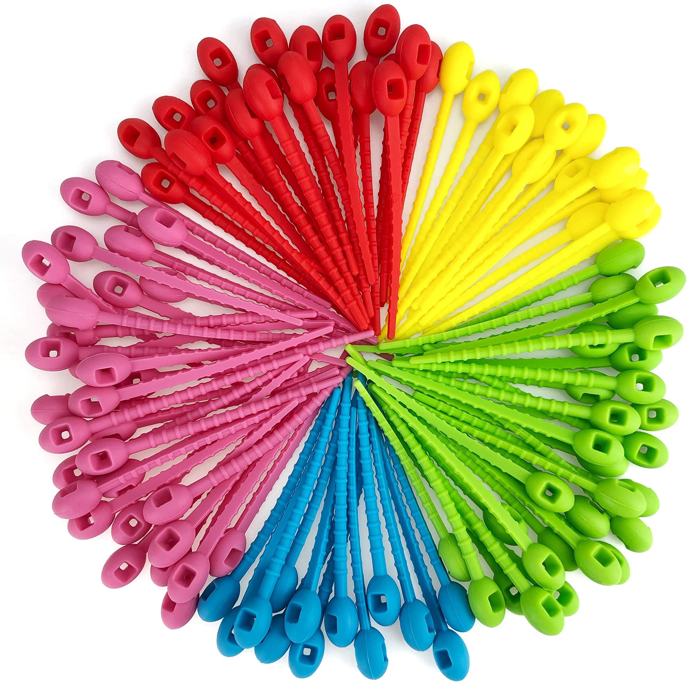 CHAKWAN Silicone Cable Ties - 11cm - 4“ Reusable Wire Ties Assorted Color Zip Ties Soft Twist Ties Adjustable Rubber Gear Ties Bendable Cable Straps Wrap Straps, Blue Yellow Red Green Pink (100Pcs)