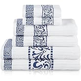 Superior 6-Piece Cotton Towel Set, Decorative Greek Pattern, Home Essentials, Absorbent Towels, Bathroom Decor, Spa, Resort, Includes 2 Hand, 2 Face and 2 Bath Towels, Athens Collection, Navy Blue