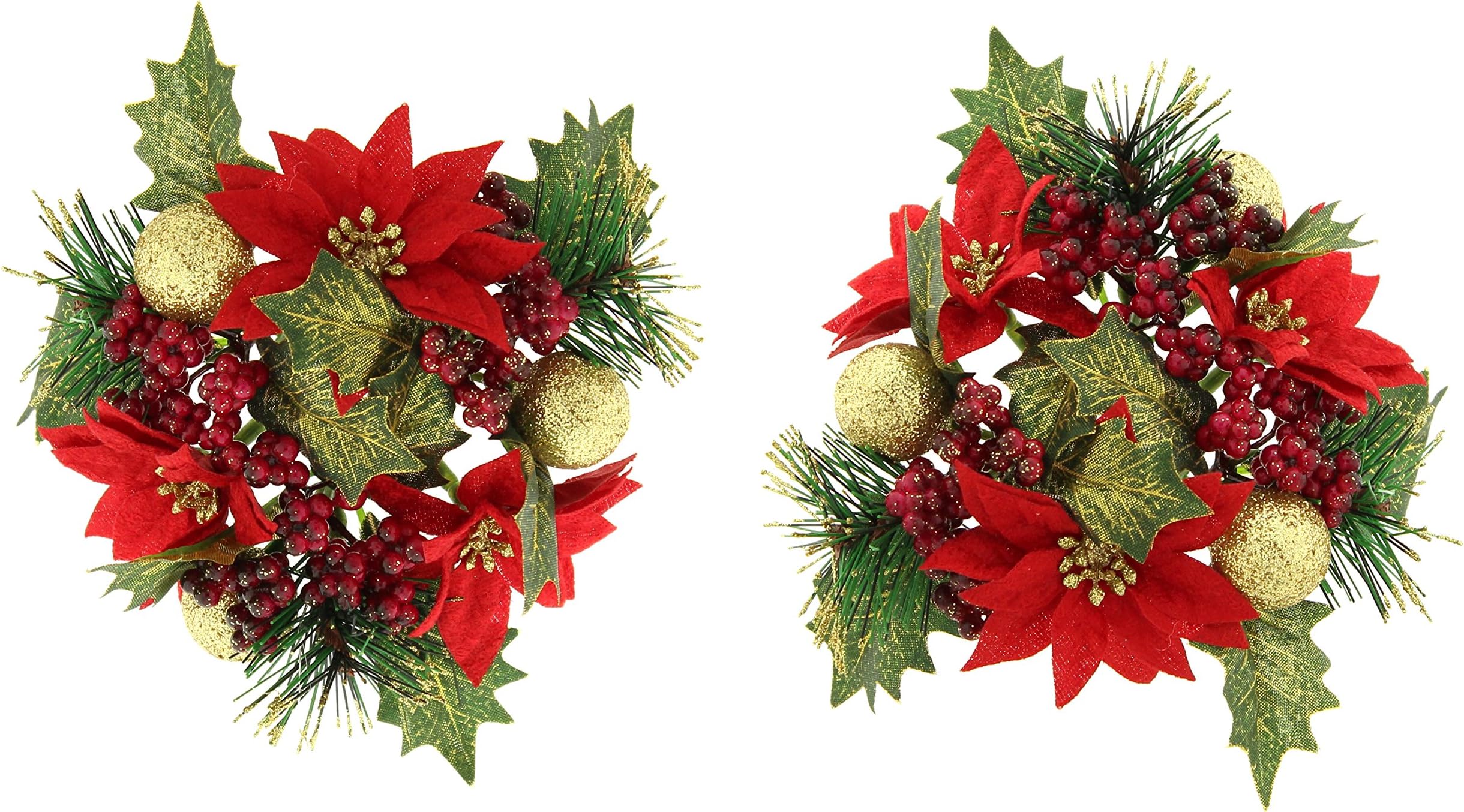 Festive Candle Ring Christmas Gold Pointsettier berry -Set of 2